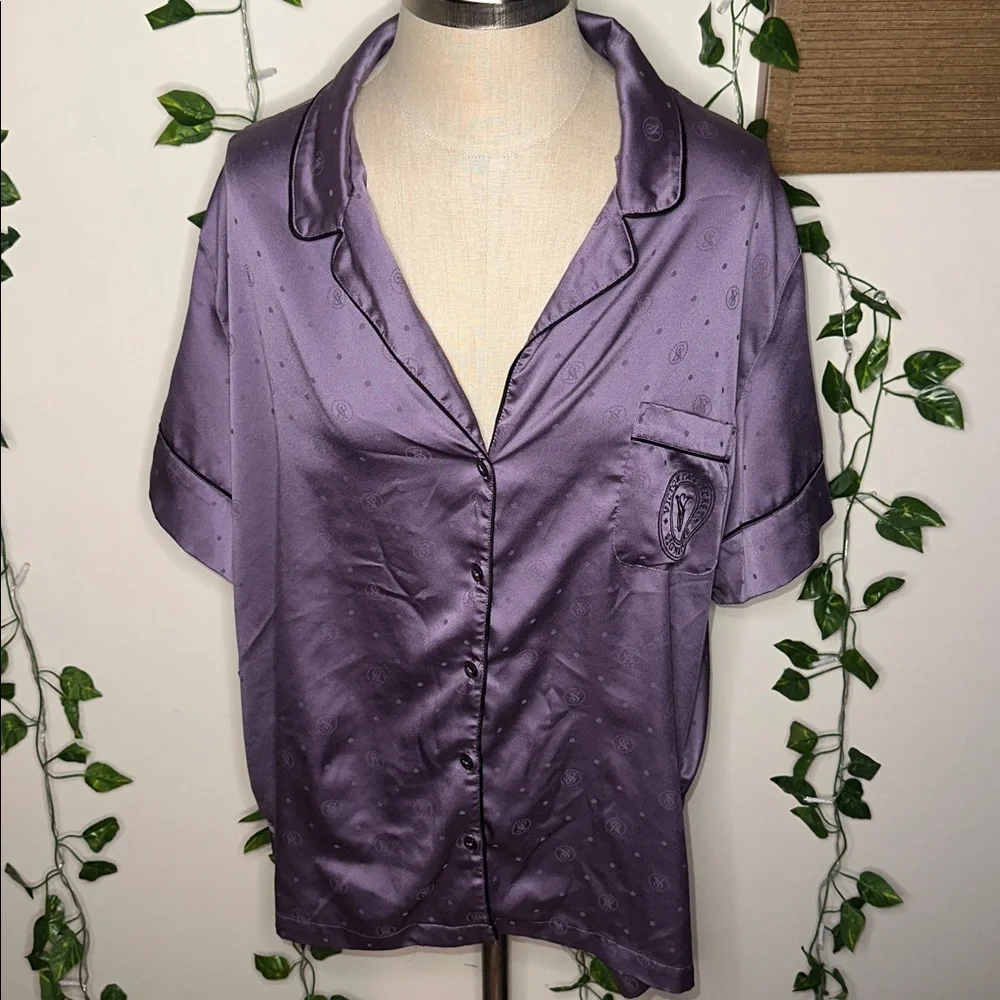 Victoria’s Secret Silky Style Button Up Pajama Shirt Purple Polka Dot